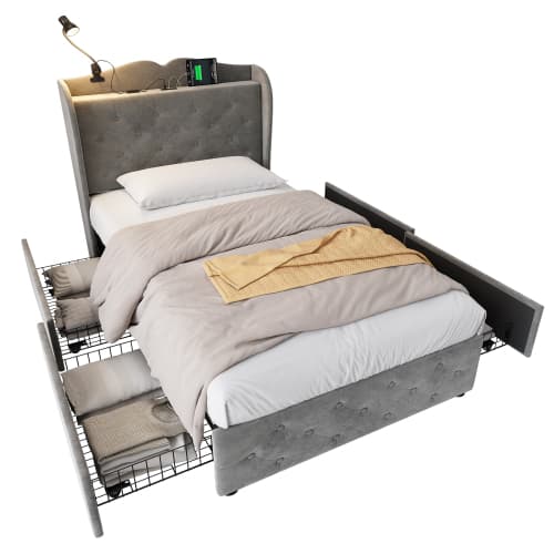 Upholstered Bed, Storage Bed, 3FT Single Bed 90x190cm, With 4 Drawers And Lamp, 3 USB Port 1 Type C, Durable And Sturdy, Youth Bed, For Adults  Teenagers, Velvet, Grey image 8