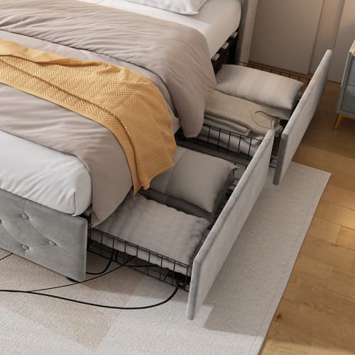 Upholstered Bed, Storage Bed, 3FT Single Bed 90x190cm, With 4 Drawers And Lamp, 3 USB Port 1 Type C, Durable And Sturdy, Youth Bed, For Adults  Teenagers, Velvet, Grey image 15
