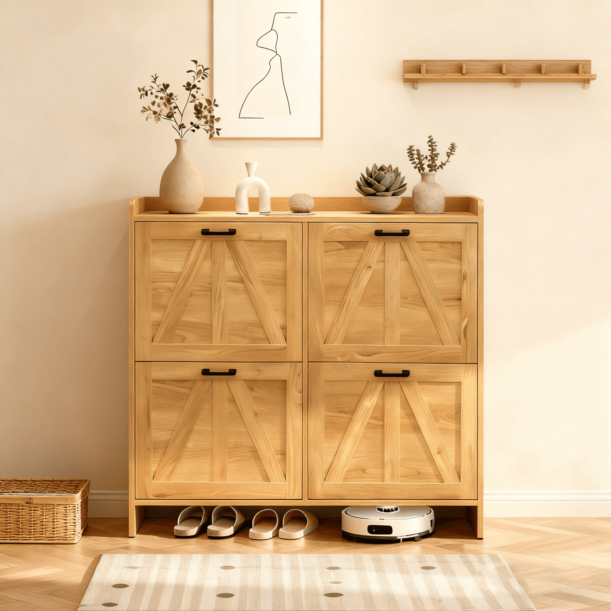 Light Oak Rustic Barn-Door Shoe Cabinet With 4 Flip Drawers, Sleek Space-Saving Entryway Organizer For Living Room image 3
