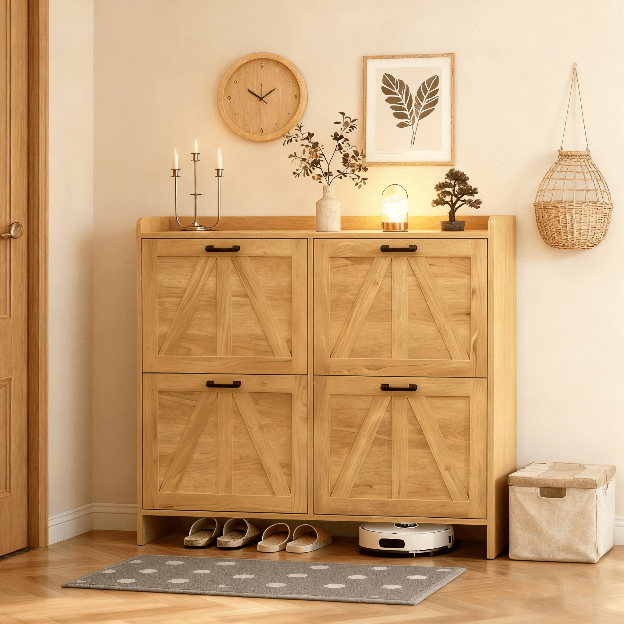 Light Oak Rustic Barn-Door Shoe Cabinet With 4 Flip Drawers, Sleek Space-Saving Entryway Organizer For Living Room
