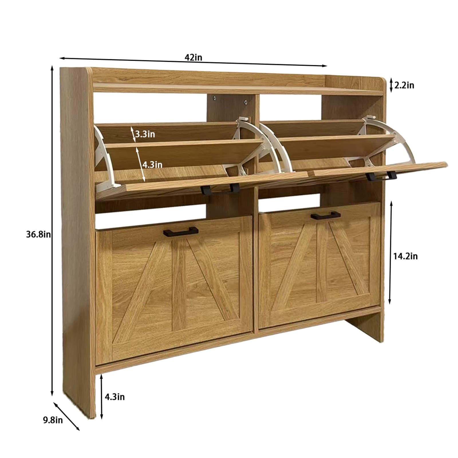 Light Oak Rustic Barn-Door Shoe Cabinet With 4 Flip Drawers, Sleek Space-Saving Entryway Organizer For Living Room image 5
