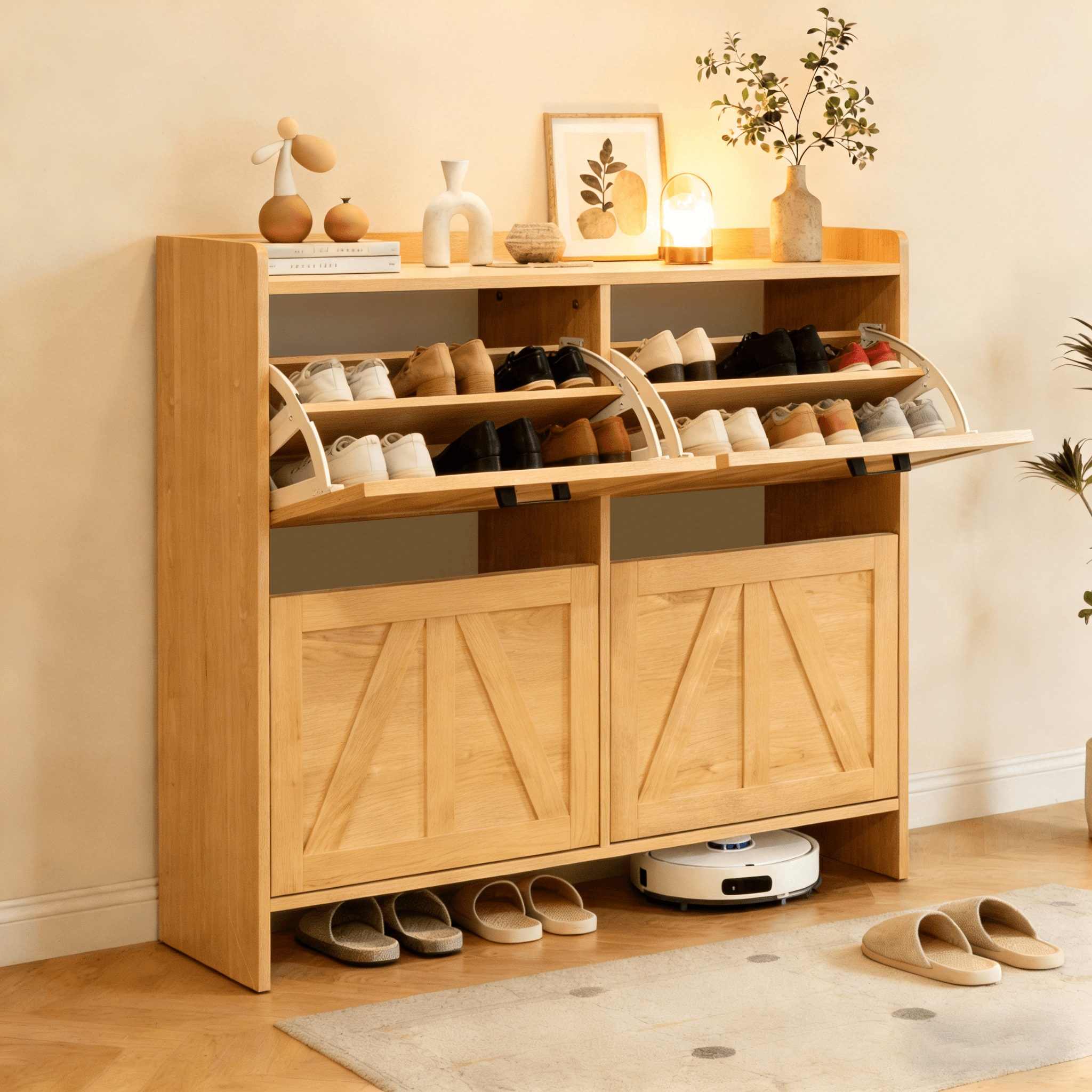 Light Oak Rustic Barn-Door Shoe Cabinet With 4 Flip Drawers, Sleek Space-Saving Entryway Organizer For Living Room image 2