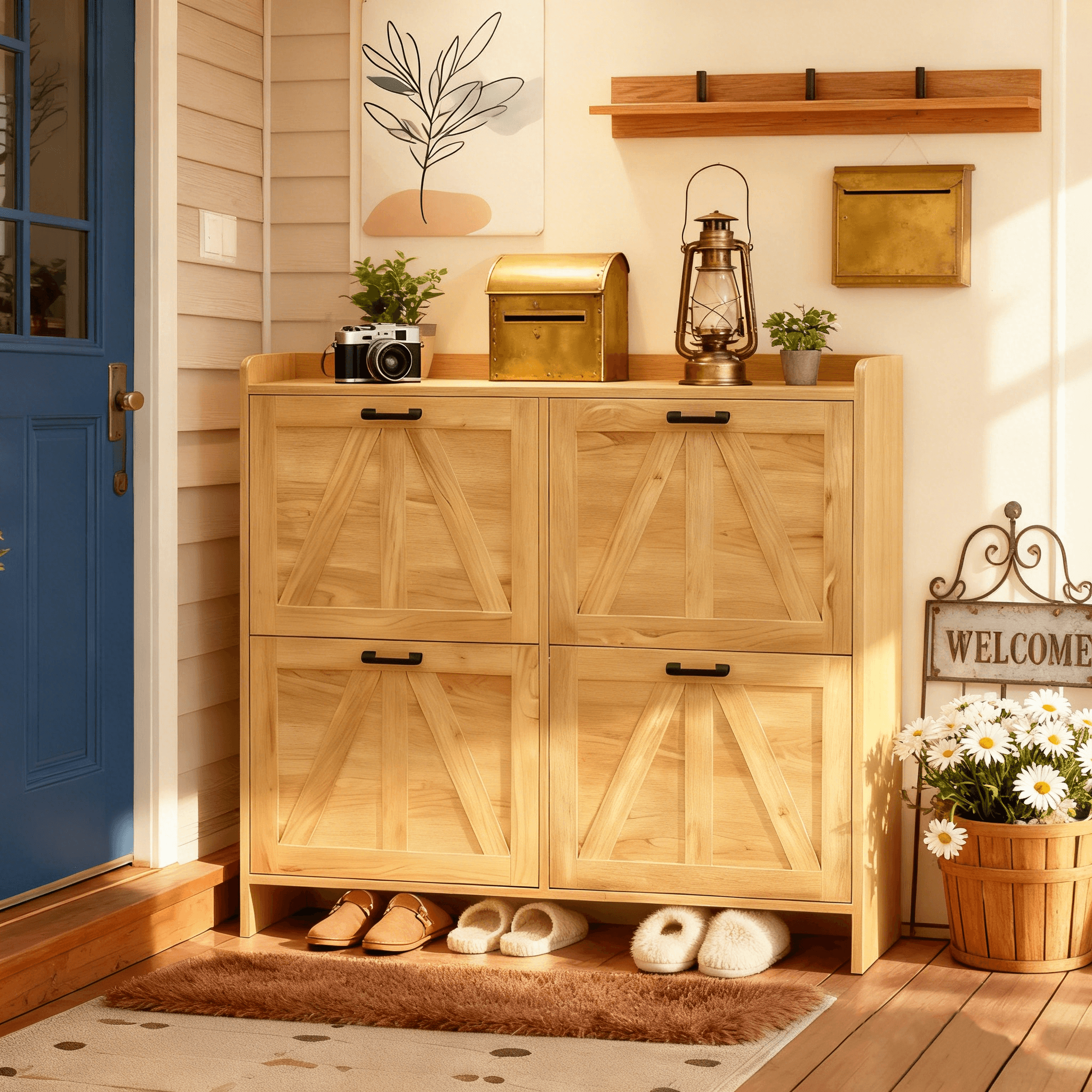 Light Oak Rustic Barn-Door Shoe Cabinet With 4 Flip Drawers, Sleek Space-Saving Entryway Organizer For Living Room image 4