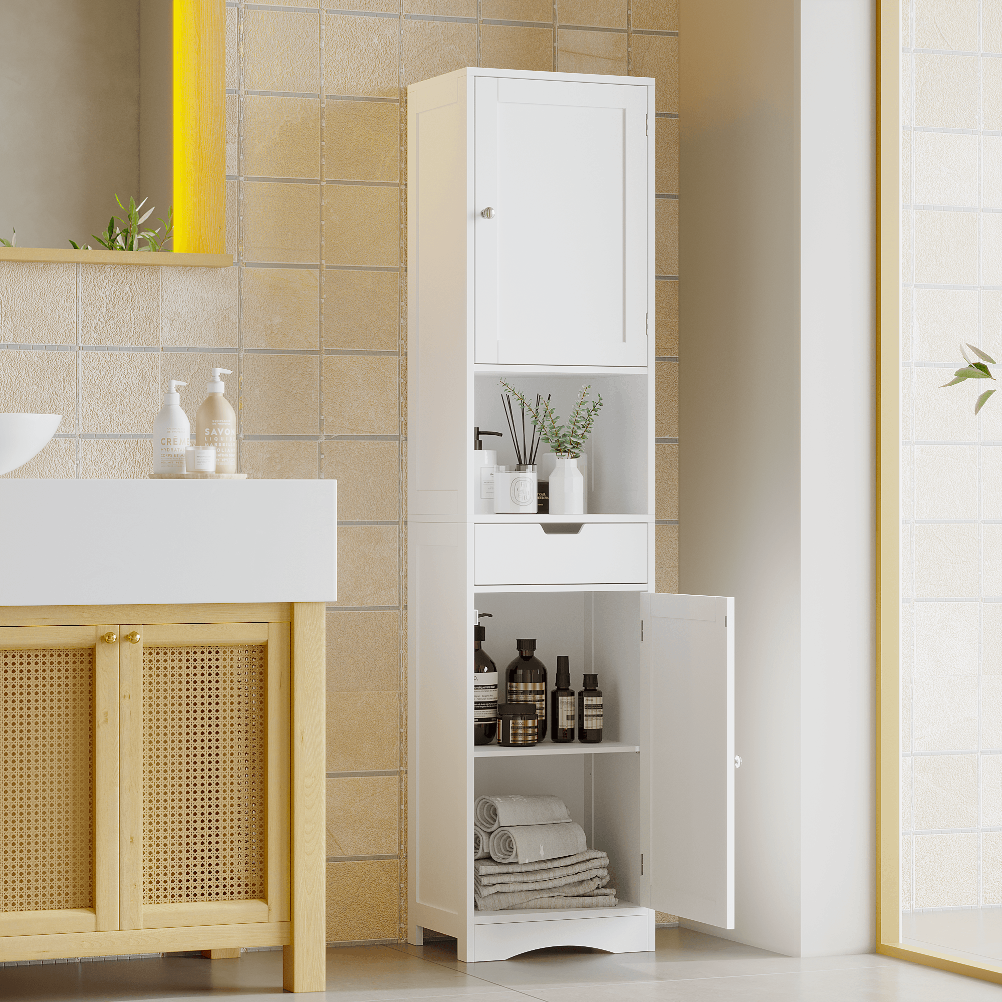 67 Tall Bathroom Cabinet, Storage Cabinet With 2 Doors & 1 Drawer, Narrow Bathroom Storage Cabinets With Adjustable Shelves, Bathroom Floor Organizer For Living Room, Entryway, Home Office, White image 5