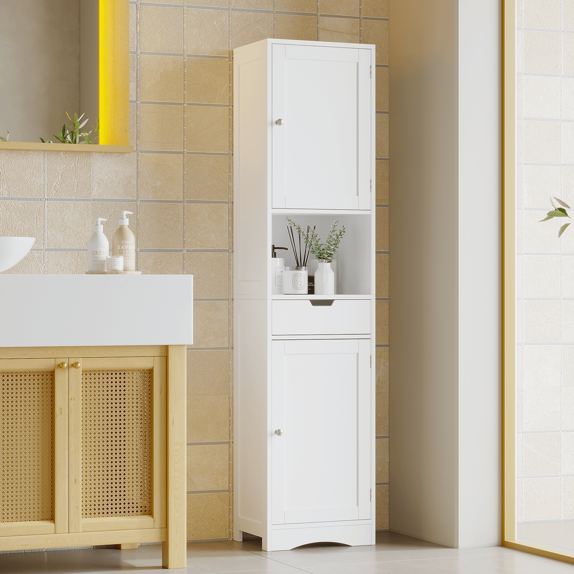 67 Tall Bathroom Cabinet, Storage Cabinet With 2 Doors & 1 Drawer, Narrow Bathroom Storage Cabinets With Adjustable Shelves, Bathroom Floor Organizer For Living Room, Entryway, Home Office, White