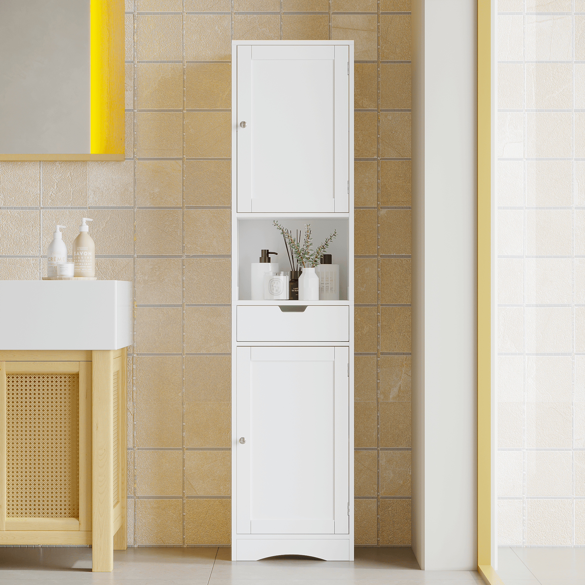 67 Tall Bathroom Cabinet, Storage Cabinet With 2 Doors & 1 Drawer, Narrow Bathroom Storage Cabinets With Adjustable Shelves, Bathroom Floor Organizer For Living Room, Entryway, Home Office, White image 2