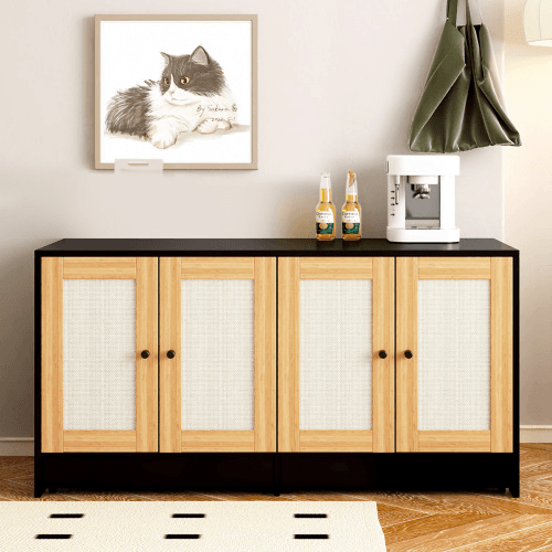 Double Litter Box Enclosure,Cat Litter Box Enclosure For 2 Cats, Hidden Litter Box Furniture With Rattan Doors, 47 L X 19.8 W X 21.8  H,Black image 9