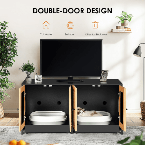 Double Litter Box Enclosure,Cat Litter Box Enclosure For 2 Cats, Hidden Litter Box Furniture With Rattan Doors, 47 L X 19.8 W X 21.8  H,Black image 10