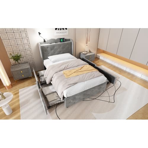 Upholstered Bed, Storage Bed, 3FT Single Bed 90x190cm, With 4 Drawers And Lamp, 3 USB Port 1 Type C, Durable And Sturdy, Youth Bed, For Adults  Teenagers, Velvet, Grey image 24