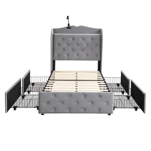 Upholstered Bed, Storage Bed, 3FT Single Bed 90x190cm, With 4 Drawers And Lamp, 3 USB Port 1 Type C, Durable And Sturdy, Youth Bed, For Adults  Teenagers, Velvet, Grey image 10