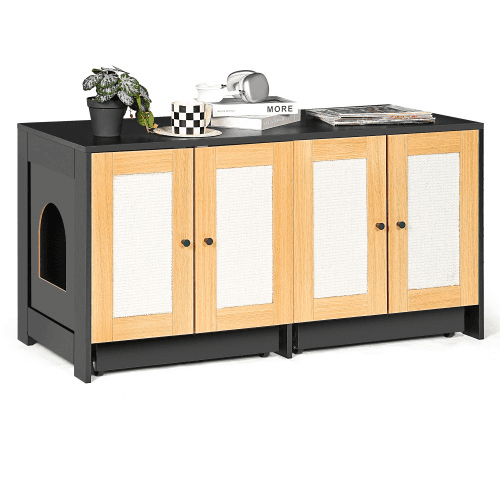 Double Litter Box Enclosure,Cat Litter Box Enclosure For 2 Cats, Hidden Litter Box Furniture With Rattan Doors, 47 L X 19.8 W X 21.8  H,Black image 7