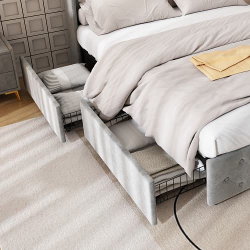 Upholstered Bed, Storage Bed, 3FT Single Bed 90x190cm, With 4 Drawers And Lamp, 3 USB Port 1 Type C, Durable And Sturdy, Youth Bed, For Adults  Teenagers, Velvet, Grey image 23