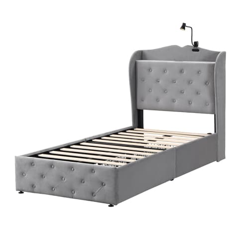 Upholstered Bed, Storage Bed, 3FT Single Bed 90x190cm, With 4 Drawers And Lamp, 3 USB Port 1 Type C, Durable And Sturdy, Youth Bed, For Adults  Teenagers, Velvet, Grey image 12