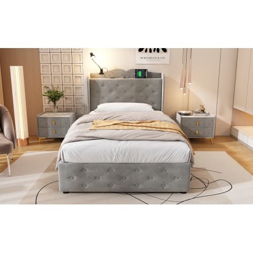 Upholstered Bed, Storage Bed, 3FT Single Bed 90x190cm, With 4 Drawers And Lamp, 3 USB Port 1 Type C, Durable And Sturdy, Youth Bed, For Adults  Teenagers, Velvet, Grey image 20