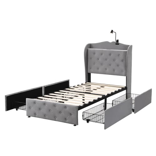 Upholstered Bed, Storage Bed, 3FT Single Bed 90x190cm, With 4 Drawers And Lamp, 3 USB Port 1 Type C, Durable And Sturdy, Youth Bed, For Adults  Teenagers, Velvet, Grey image 18