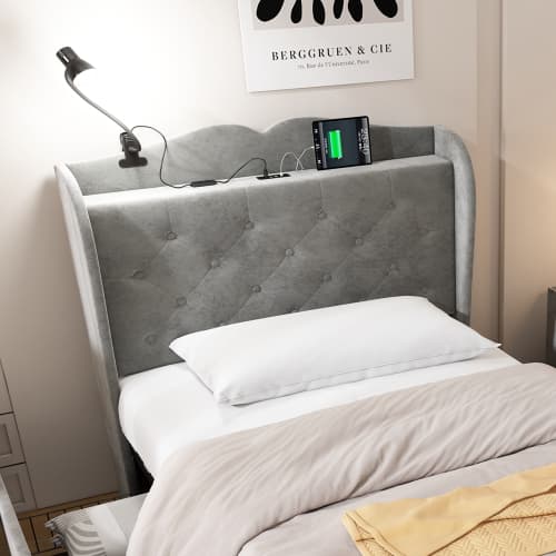 Upholstered Bed, Storage Bed, 3FT Single Bed 90x190cm, With 4 Drawers And Lamp, 3 USB Port 1 Type C, Durable And Sturdy, Youth Bed, For Adults  Teenagers, Velvet, Grey image 5
