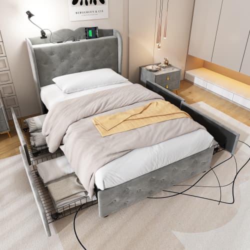 Upholstered Bed, Storage Bed, 3FT Single Bed 90x190cm, With 4 Drawers And Lamp, 3 USB Port 1 Type C, Durable And Sturdy, Youth Bed, For Adults  Teenagers, Velvet, Grey image 17