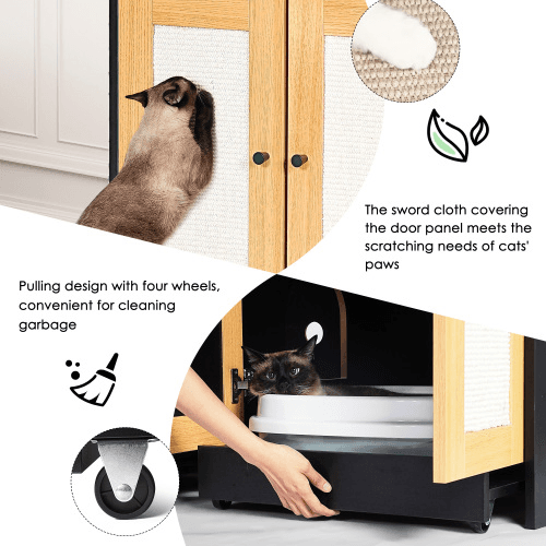 Double Litter Box Enclosure,Cat Litter Box Enclosure For 2 Cats, Hidden Litter Box Furniture With Rattan Doors, 47 L X 19.8 W X 21.8  H,Black image 6