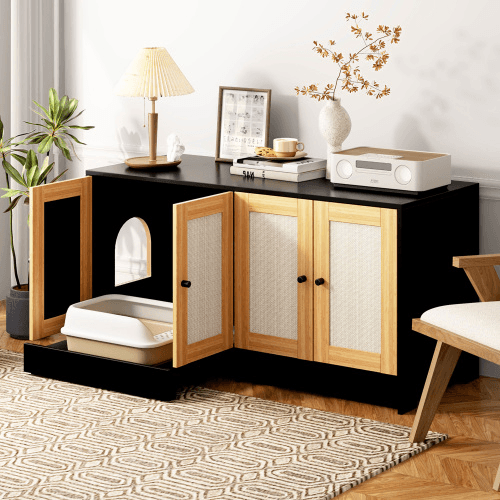 Double Litter Box Enclosure,Cat Litter Box Enclosure For 2 Cats, Hidden Litter Box Furniture With Rattan Doors, 47 L X 19.8 W X 21.8  H,Black image 3
