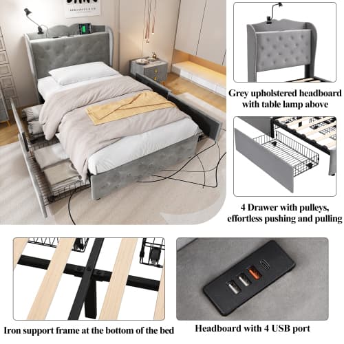 Upholstered Bed, Storage Bed, 3FT Single Bed 90x190cm, With 4 Drawers And Lamp, 3 USB Port 1 Type C, Durable And Sturdy, Youth Bed, For Adults  Teenagers, Velvet, Grey image 6