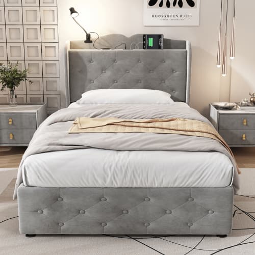 Upholstered Bed, Storage Bed, 3FT Single Bed 90x190cm, With 4 Drawers And Lamp, 3 USB Port 1 Type C, Durable And Sturdy, Youth Bed, For Adults  Teenagers, Velvet, Grey image 26