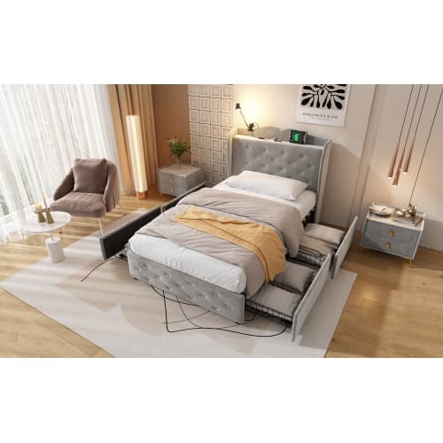 Upholstered Bed, Storage Bed, 3FT Single Bed 90x190cm, With 4 Drawers And Lamp, 3 USB Port 1 Type C, Durable And Sturdy, Youth Bed, For Adults  Teenagers, Velvet, Grey image 19