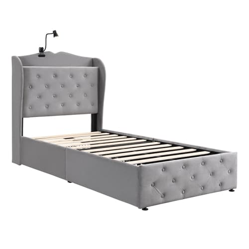 Upholstered Bed, Storage Bed, 3FT Single Bed 90x190cm, With 4 Drawers And Lamp, 3 USB Port 1 Type C, Durable And Sturdy, Youth Bed, For Adults  Teenagers, Velvet, Grey image 13