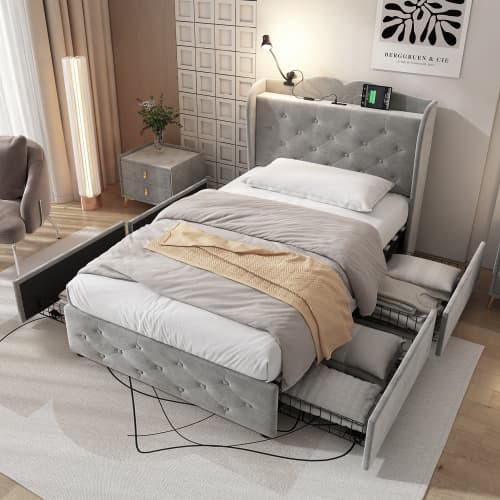 Upholstered Bed, Storage Bed, 3FT Single Bed 90x190cm, With 4 Drawers And Lamp, 3 USB Port 1 Type C, Durable And Sturdy, Youth Bed, For Adults  Teenagers, Velvet, Grey