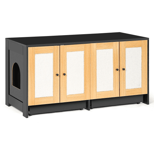 Double Litter Box Enclosure,Cat Litter Box Enclosure For 2 Cats, Hidden Litter Box Furniture With Rattan Doors, 47 L X 19.8 W X 21.8  H,Black image 5