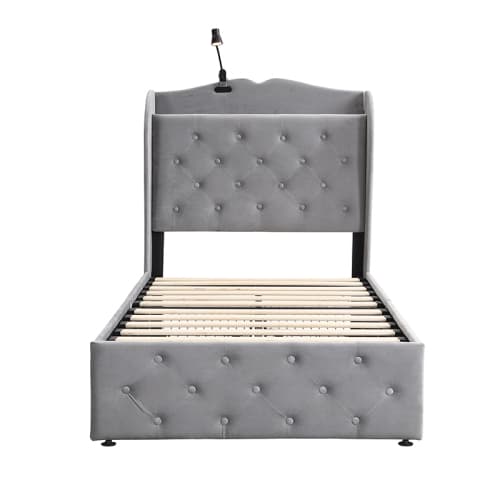 Upholstered Bed, Storage Bed, 3FT Single Bed 90x190cm, With 4 Drawers And Lamp, 3 USB Port 1 Type C, Durable And Sturdy, Youth Bed, For Adults  Teenagers, Velvet, Grey image 7