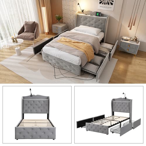 Upholstered Bed, Storage Bed, 3FT Single Bed 90x190cm, With 4 Drawers And Lamp, 3 USB Port 1 Type C, Durable And Sturdy, Youth Bed, For Adults  Teenagers, Velvet, Grey image 21