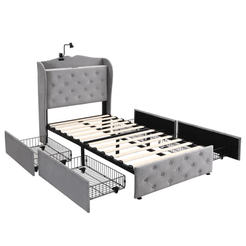 Upholstered Bed, Storage Bed, 3FT Single Bed 90x190cm, With 4 Drawers And Lamp, 3 USB Port 1 Type C, Durable And Sturdy, Youth Bed, For Adults  Teenagers, Velvet, Grey image 2