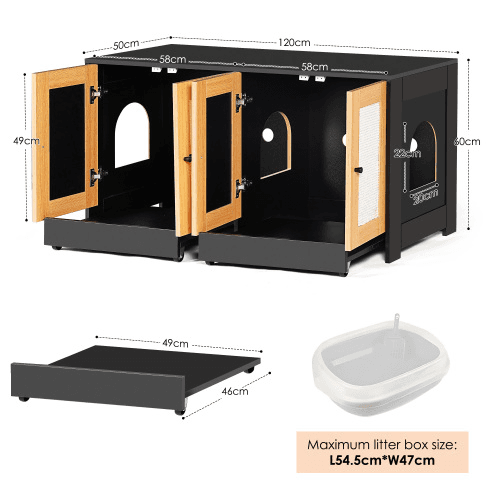 Double Litter Box Enclosure,Cat Litter Box Enclosure For 2 Cats, Hidden Litter Box Furniture With Rattan Doors, 47 L X 19.8 W X 21.8  H,Black image 4