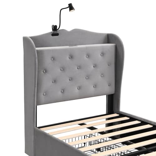 Upholstered Bed, Storage Bed, 3FT Single Bed 90x190cm, With 4 Drawers And Lamp, 3 USB Port 1 Type C, Durable And Sturdy, Youth Bed, For Adults  Teenagers, Velvet, Grey image 14